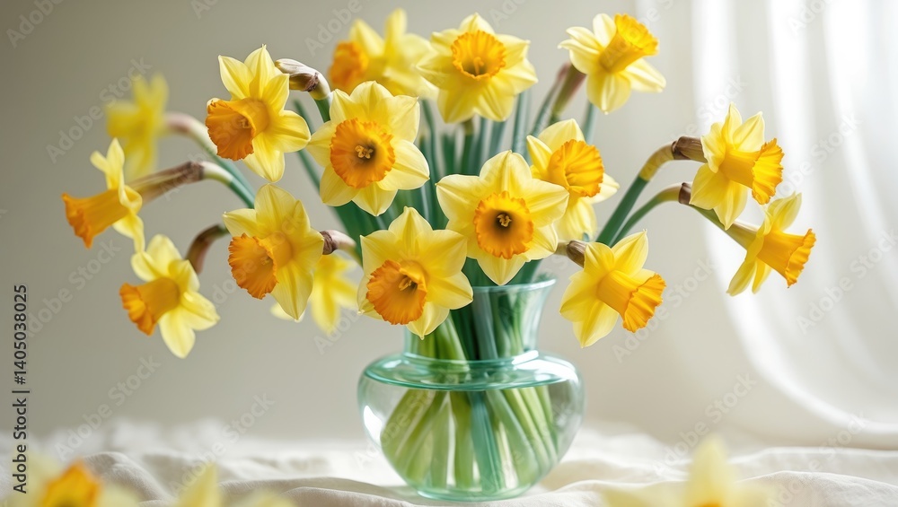 Lovely arrangement of spring yellow blooms in a clear glass vase. Lovely arrangement of spring yellow blooms in a clear glass vase.