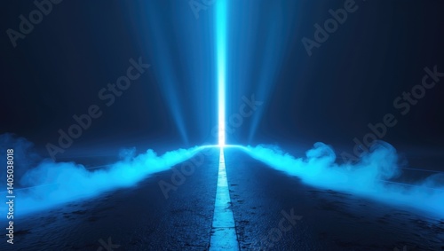 Blue street background with smoke. Vacant asphalt scene featuring blue rays. Unoccupied backdrop.