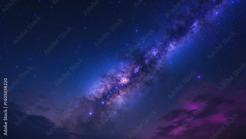 Fototapeta premium Detailed view of a galaxy featuring stars and cosmic dust in the universe, captured with long exposure photography and grain.