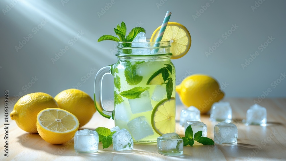 Fototapeta premium Chilled lemonade served in a stylish glass with a straw, with lemons nearby.