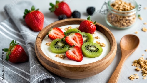 Natural yogurt served with granola, kiwi, and strawberries in a wooden bowl on a light surface alongside fresh fruits and berries. An idea for a healthy and nutritious breakfast.