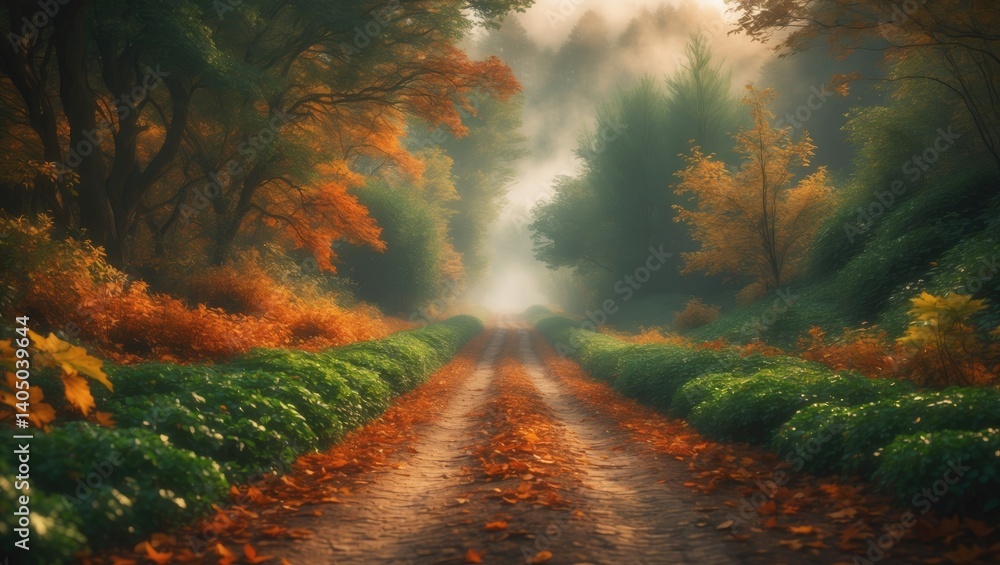 Obraz premium Misty Morning Pathway Adorned with Colorful Leaves in Autumn