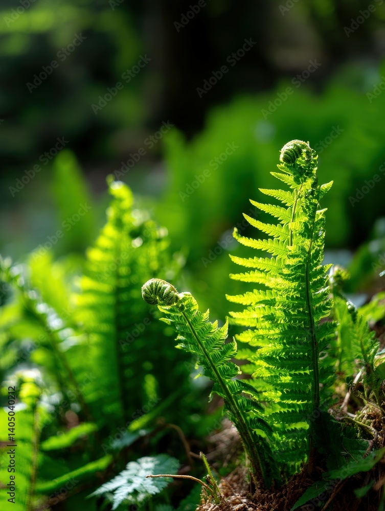 Naklejka premium Bright green fern fronds emerging in lush nature