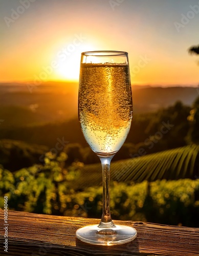 Close-Up of Sparkling White Wine Glass in Scenic Vineyard Sunset. AI Generative