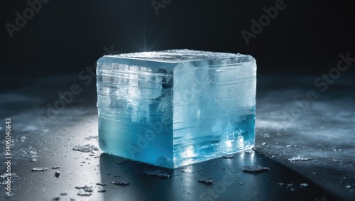 Translucent frosty natural ice block with a textured surface in cool shades, set against a black backdrop.