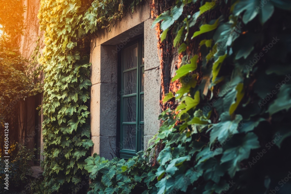 Stone wall with ivy and a window. Sunlight filters through the leaves Stone wall with ivy and a window. Sunlight filters through the leaves