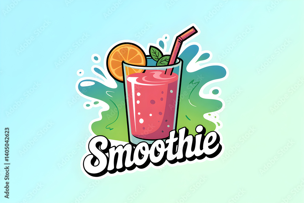 Refreshing smoothie with orange slice and mint in glass with straw