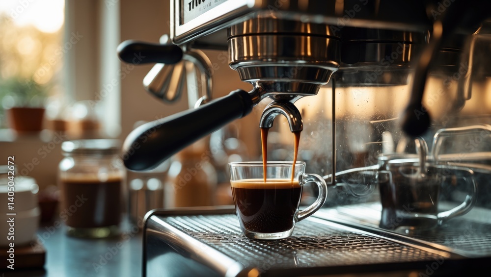 Professional coffee brewing captured in a close-up of a coffee machine. Professional coffee brewing captured in a close-up of a coffee machine.