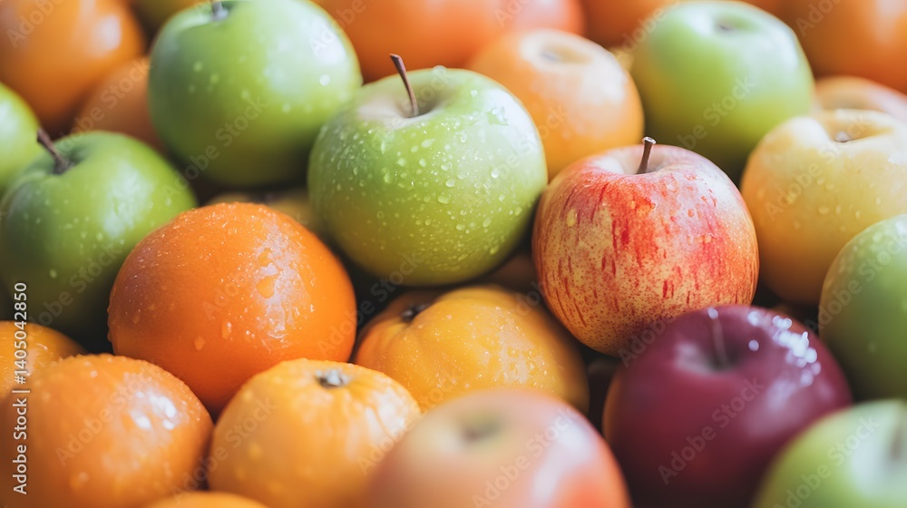Apples and oranges close-up arranged together showing different colors and textures. Apples and oranges close-up arranged together showing different colors and textures.