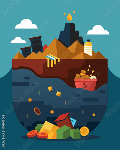 A the layers of trash an old landfill liner was discovered and quickly removed revealing a hidden stash of valuable coins and jewelry.. Vector illustration