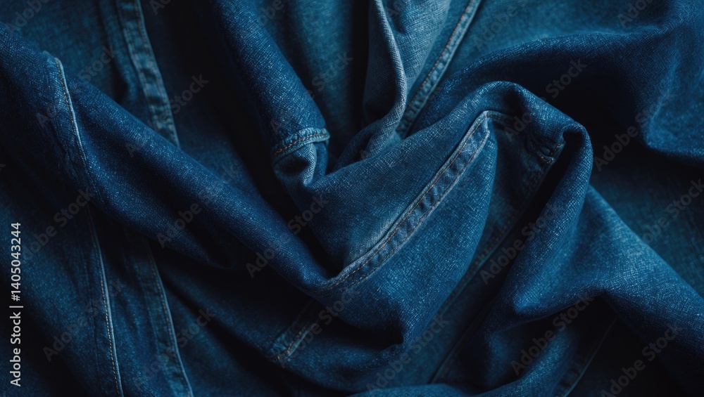 Close-up view of crumpled wavy denim fabric texture. Close-up view of crumpled wavy denim fabric texture.