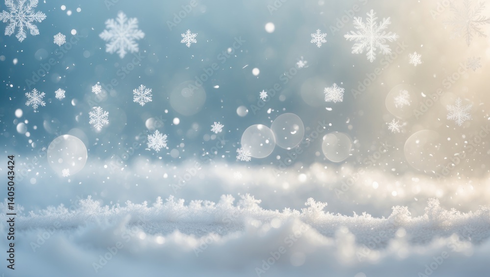 Fototapeta premium Holiday greeting card background featuring snow frost and bokeh effects
