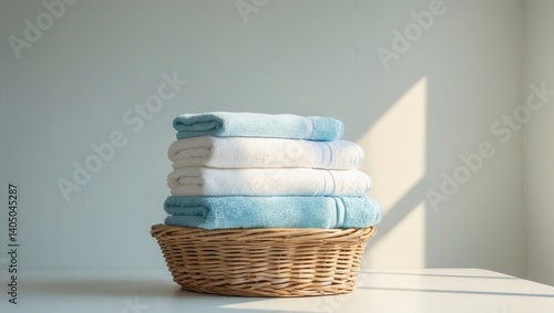 Freshly laundered towels in a wicker basket on a white table by a bright wall.