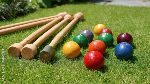 Croquet Mallets and Colored Balls on Green Grass