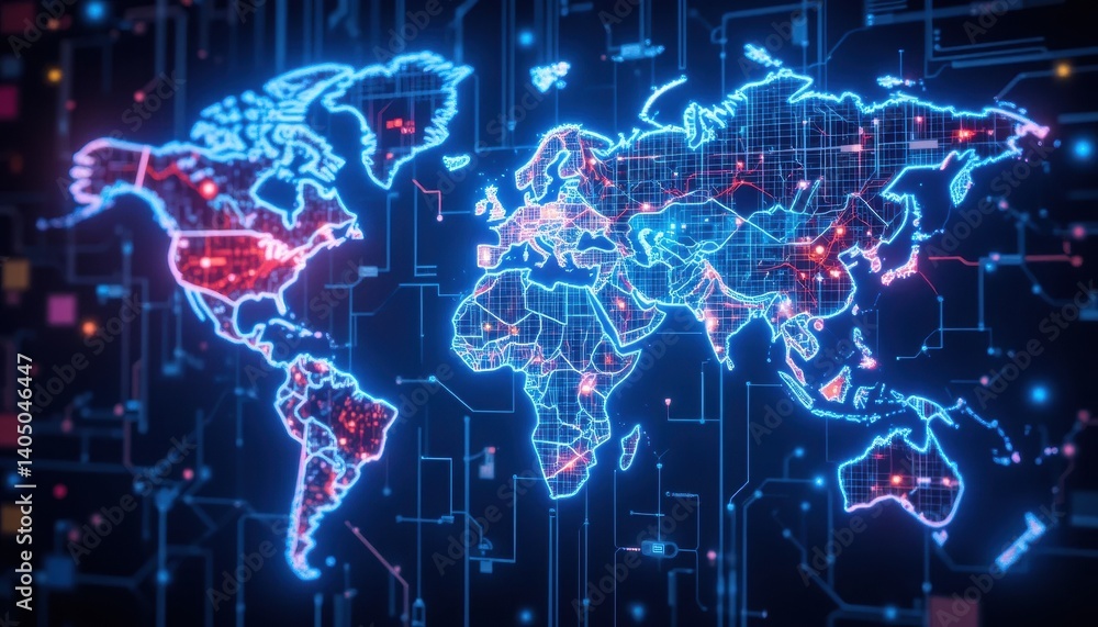 Fototapeta premium Global Market Connectivity A Neon Circuit World Map Visualization