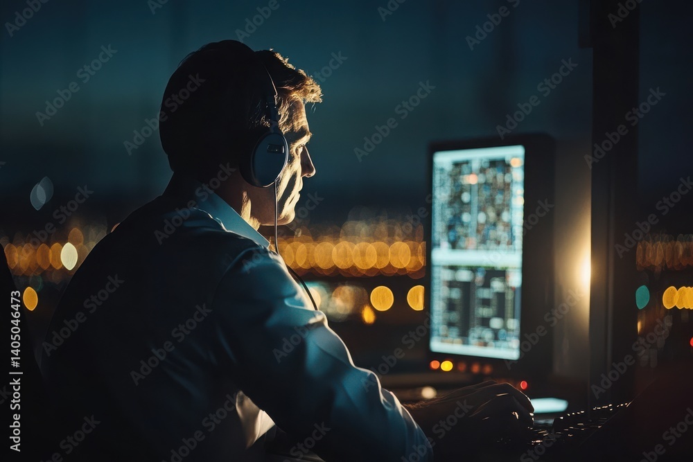 Focused Male Professional Working Late at Night with Headphones Focused Male Professional Working Late at Night with Headphones