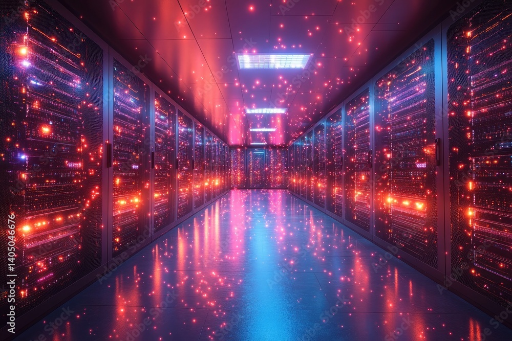 A high tech data center with multiple server racks displayed A high tech data center with multiple server racks displayed