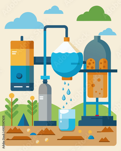 A system of water filtration and purification that uses natural materials such as sand and gravel to clean and recycle water.. Vector illustration