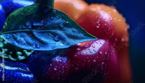 Vibrant Bell Pepper with Colorful Leaf Under Falling Water Droplets in Blue Light. AI Generative