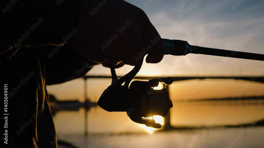 Fishing rod silhouette reeling line during sunset, capturing golden hour's serene moment with vibrant orange sky and water reflections, showcasing peaceful outdoor leisure activity