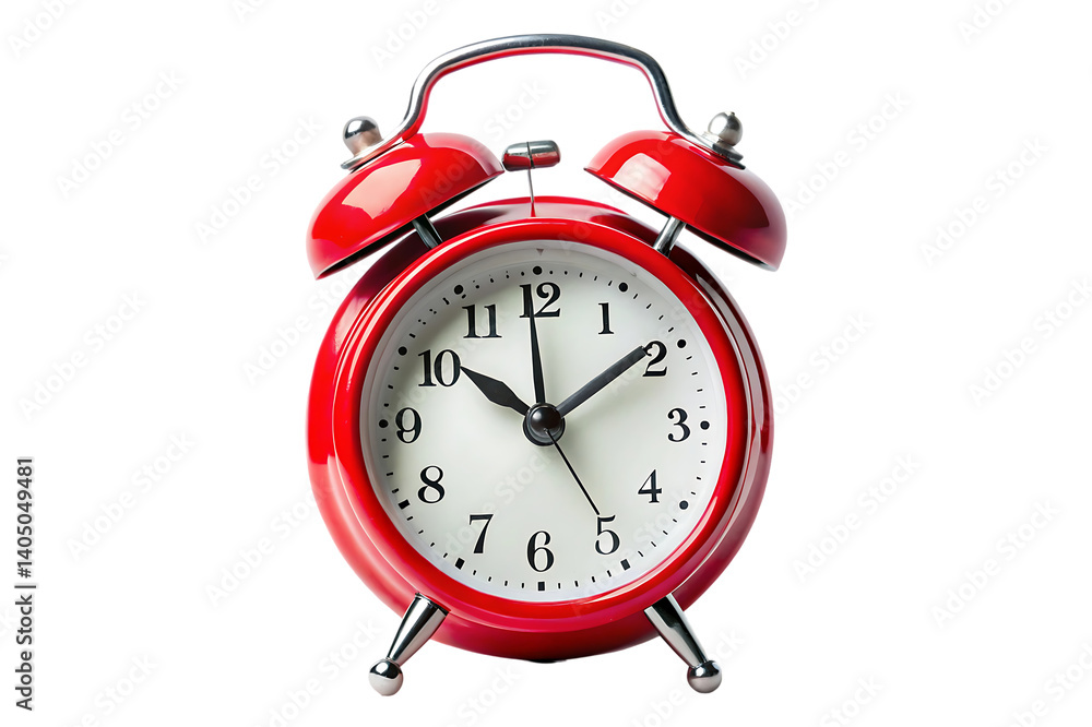 Classic Red Twin-Bell Alarm Clock with White Dial isolated on white background . A classic Red alarm clock illustration on white Classic Red Twin-Bell Alarm Clock with White Dial isolated on white background . A classic Red alarm clock illustration on white