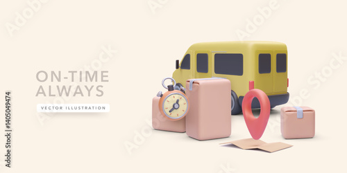 On-Time Delivery Concept With 3d Stopwatch, Cargo Van, Packages, And Location Marker For Fast And Reliable Courier Or Logistics Service. Vector Illustration.