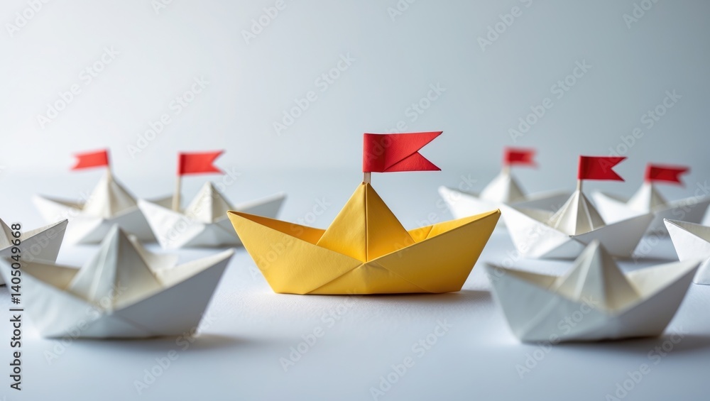 Naklejka premium Concept of leadership. A Red flag Origami Yellow Paper boat steering the rest of the boats. One leader navigates other ships.