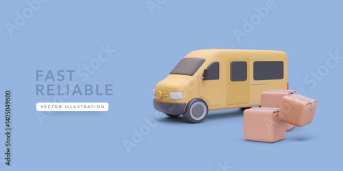 3d Delivery Van With Cardboard Boxes Representing Fast And Reliable Shipping, Courier Service, And Last Mile Logistics On Blue Background. Vector Illustration.