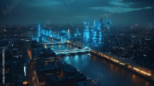 Wallpaper Mural A stunning aerial view of a futuristic London skyline at dusk, featuring illuminated skyscrapers and a glowing river Torontodigital.ca