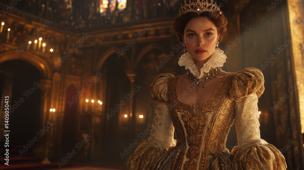 Fototapeta premium Regal woman in ornate 17th-century attire.