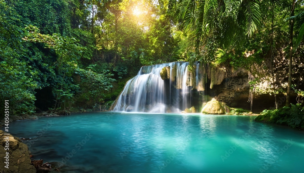 Serene waterfall cascading into a turquoise pool surrounded by lush green foliage. Serene waterfall cascading into a turquoise pool surrounded by lush green foliage.