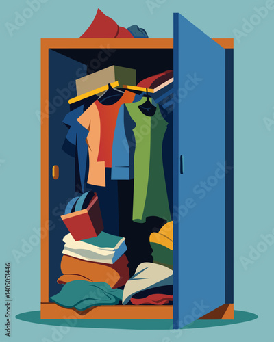 A pile of worn and frayed clothing no longer in style and taking up space in a crowded closet.. Vector illustration