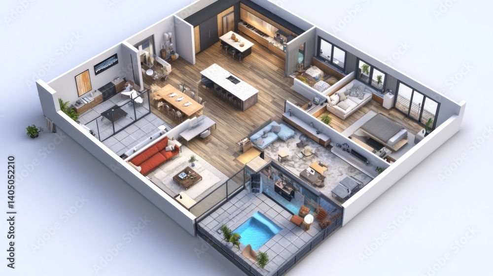 Sophisticated residence 3D floor plan showcasing modern and stylish design Sophisticated residence 3D floor plan showcasing modern and stylish design