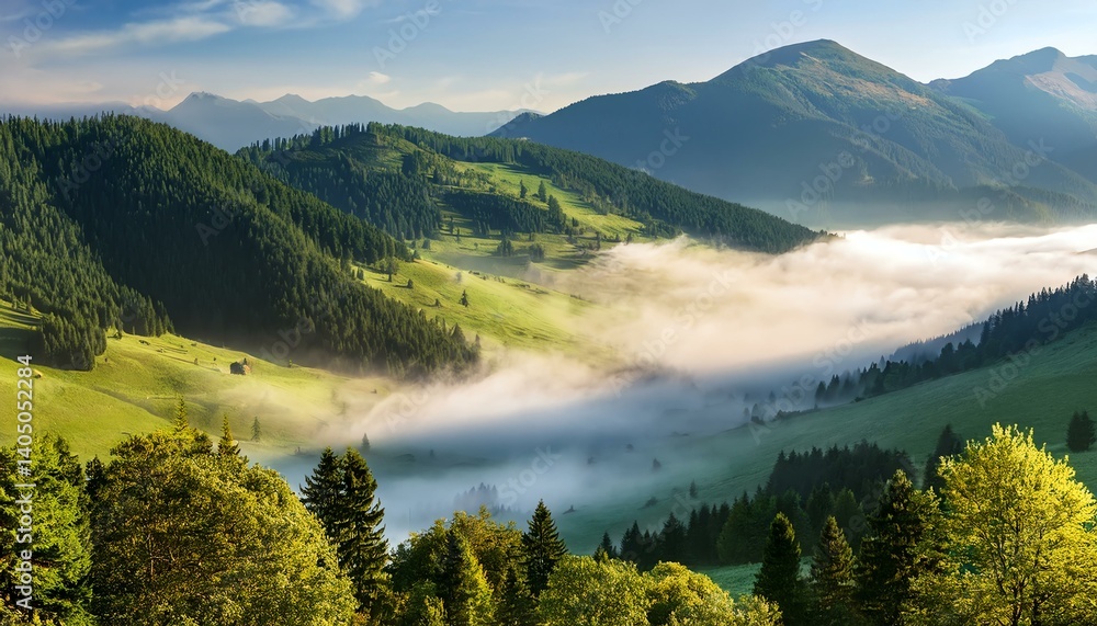 Obraz premium Breathtaking view of misty mountains and lush green hills under a clear sky.