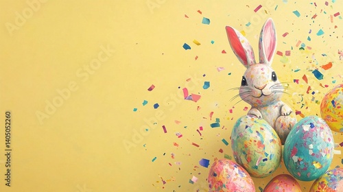 Beautiful Painted Easter Eggs with 2D Bunny Shapes and Confetti on Light Yellow Background with Copy Space