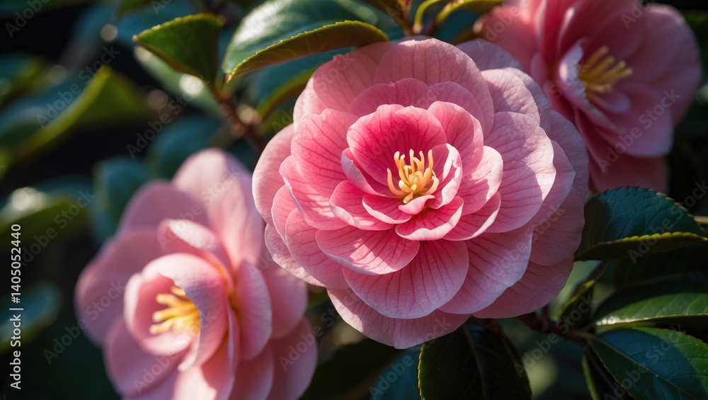 Fototapeta premium Camellia japonica belongs to the Camellia genus, which is part of the flowering plant family Theaceae