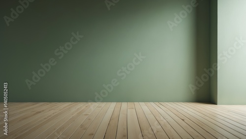 Mockup of a green blank concrete wall with wooden flooring