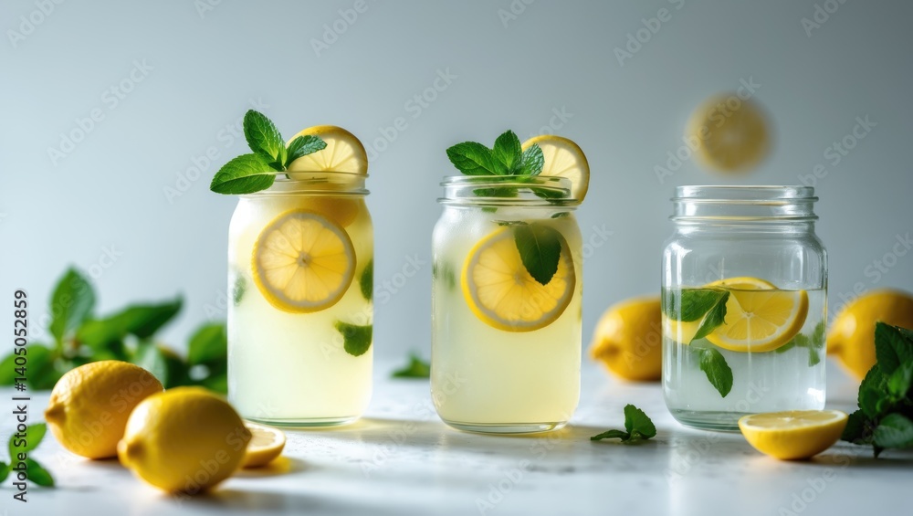 Fototapeta premium Clear glass of lemon detox infused water on white background.