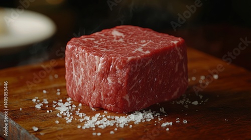Raw, cubed steak on a wooden board