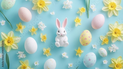 Painted Easter Eggs with Confetti on Pastel Blue Background