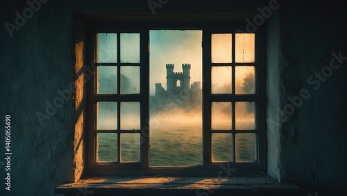Blurred sight through the grimy window of a dimly lit room