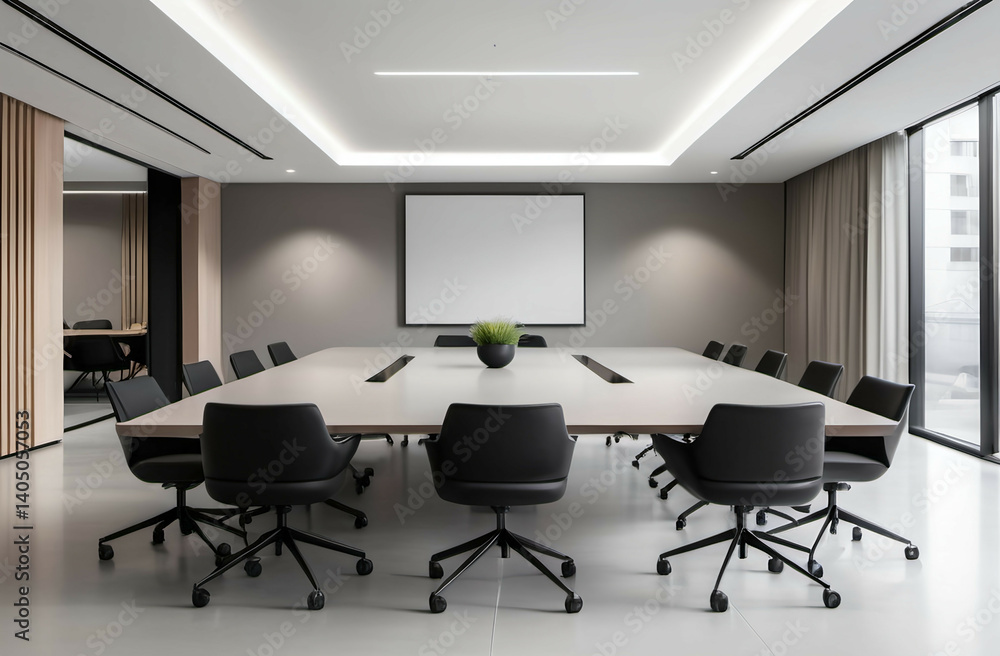 A spacious modern meeting room with a minimalist design, featuring a large table, sleek chairs A spacious modern meeting room with a minimalist design, featuring a large table, sleek chairs