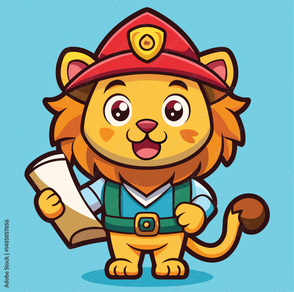 Obraz premium Cartoon Lion Firefighter Holding Document Standing On Light Blue Background Illustration