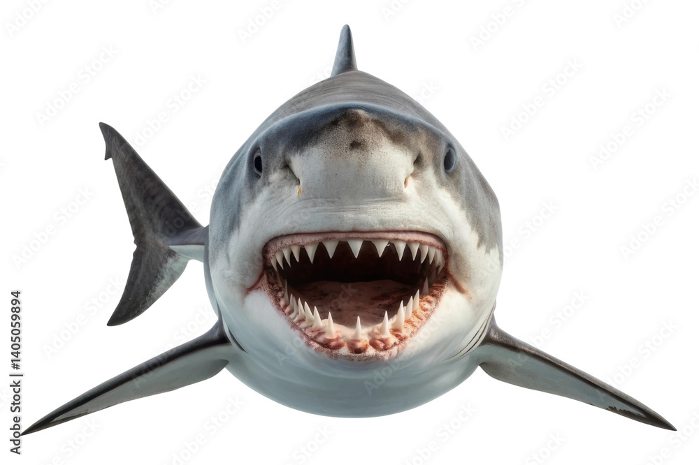 Naklejka premium Powerful shark showcasing its impressive teeth in an underwater environment for marine education and awareness