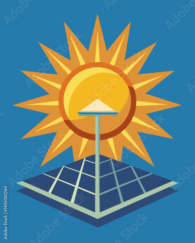 A sunburst emerging from the center of a solar panel embodying the limitless power of the sun and the promise of renewable energy.. Vector illustration