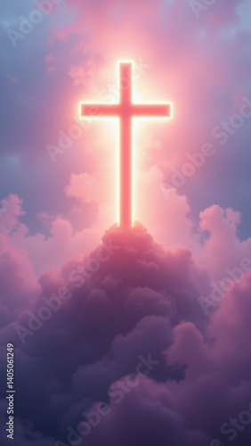 Cross on a cloudy sky with light beams.