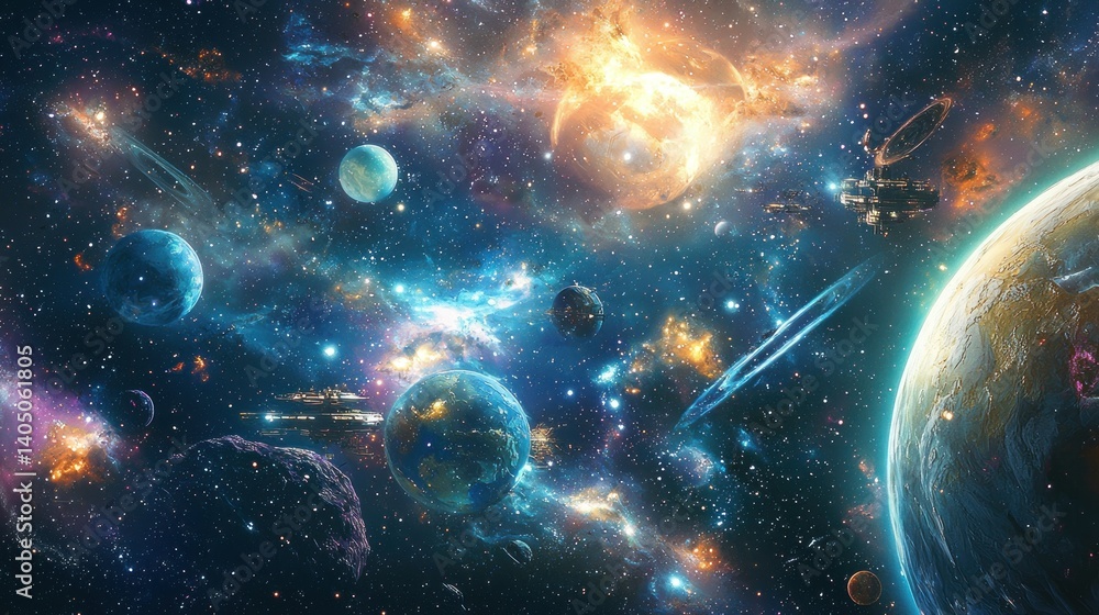 Obraz premium Cosmic Dance: A Symphony of Planets, Nebulae, and Spaceships in the Grand Expanse of the Universe