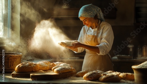 Flour dusted artisan bread baker in a rustic kitchen.