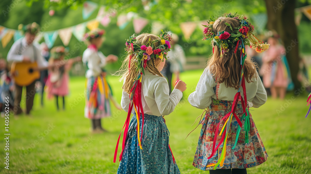 Maypole Festival in a quaint English village, a lively spring celebration featuring vibrant ribbons wrapped around the Maypole by children in traditional attire Maypole Festival in a quaint English village, a lively spring celebration featuring vibrant ribbons wrapped around the Maypole by children in traditional attire