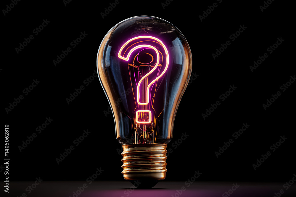 Glass lightbulb with glowing pink question mark inside, on black background, symbolizing curiosity, inquiry, problem-solving, or idea generation Glass lightbulb with glowing pink question mark inside, on black background, symbolizing curiosity, inquiry, problem-solving, or idea generation